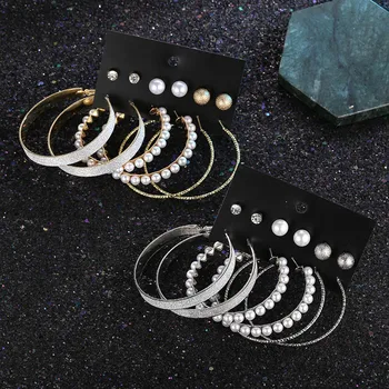 Punk Big Circle Hoop auskarų rinkinys moterims Aukso sidabro spalvos vintažiniai perlų ausų papuošalai