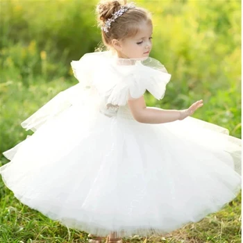 Pūkuoti nėriniai Mielos Pirmosios Komunijos suknelės Baltos gimtadienio princesės suknelė Gėlių mergaitė Vestuvių vakarėlis Kamuolys Svajonių vaikų dovana