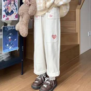 QWEEK Japoniškos Kawaii krovininės kelnės Moterys Žiemos oversized baltos vilnos laisvalaikio kelnės Merginos Harajuku Stilius Korėjietiškos plačios kojų kelnės