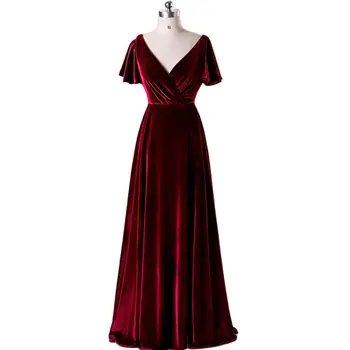 Real Images Deep V-Neck Cap Sleeves Ruffles A-line Full-Length Pleat Birthday Guest Dress Mother Of The Bride Dresses