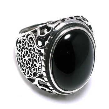 Real Solid 925 Sterling Silver Black Ring Men Vintage Hollow Flowers Rings Open Natural Onyx Stone Large Oval Shape Male Jewelry