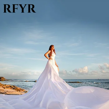 RFYR White Soft Stain Prom Dress Halter Beach Party Dress with Split Celebrity Gowns with Long Train Party Dress вечерние платья