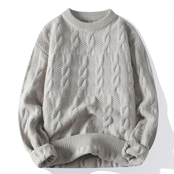 Rudens naujas vyriškas megztinis apvaliu kaklu vienspalvis megztinis mezgimas storas susuktas megztinis laisvos laisvalaikio mados poros