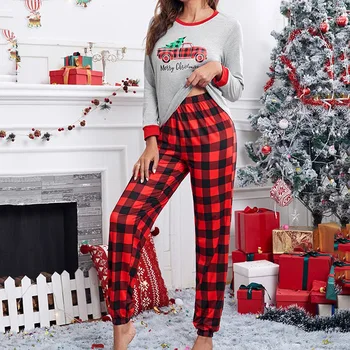 Rudenį ir žiemą Moteriškos šiltos pledinės kelnės ilgomis rankovėmis Moteriškos laisvalaikio pižamos Kalėdiniai namų drabužiai Pižama Dviejų dalių komplektas