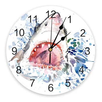 Ryklys Akvarelė Laukinė gamta Dantys Miegamasis Sieninis laikrodis Didelis modernus Virtuvė Dinning Apvalūs sieniniai laikrodžiai Svetainė Žiūrėti namų dekoras