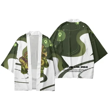 Samurajus Žalias Spausdinti Kimono Vyrai Moterys Megztinė Palaidinė Anime Japonų mada Haori Obi Azijos Cosplay drabužiai