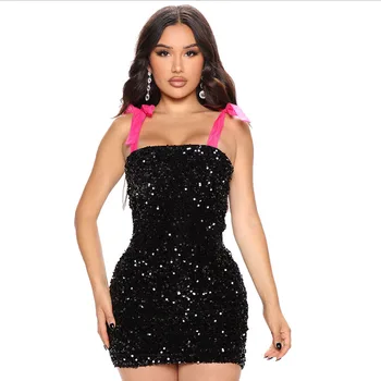 Seksualus spagečių dirželis blizga blizgučiai Gimtadienio suknelė moterims Naktinio klubo vakarėlio chalatas be rankovių apvalkalas 