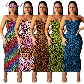 Sexy Leopard Print Spaghetii Strap Backless Evening Party Club Long Dress Women Elegantiškos suknelės be rankovių Gatvės apranga Vestidos