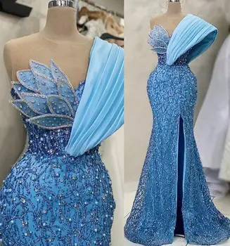 Sheer Neck Mermaid Aso Ebi Prom suknelės 2023 Gillter Crystal Beaded Sky Blue Vakaro proga Sužadėtuvių chalatas De Soiree