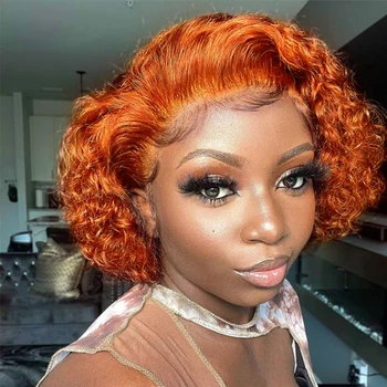 Short Pixie Cut Human Hair Wigs Ginger Orange Bob Nėrinių perukas Trumpas Jerry Garbanotas nėrinių perukai Žmogaus plaukai Remy Žmogaus plaukų perukai Natūralūs