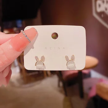 Shuling S925 sidabrinė adata Mielos ausų smeigės Subtilūs Opal Bunny auskarai