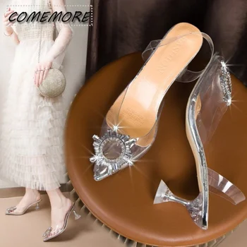 Skaidri moterų vasaros mada Patogios elegantiškos stiletto aukštakulnės basutės Atsitiktinės ponios siurbia prabangius vakarėlių vestuvinius batus