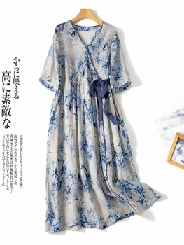 Sky Blue Print Vintage Linen Thin Lace Up V-Neck Moteriška suknelė puse rankovės A-Line Vidurio blauzdos suknelės moterims 2023 m. pavasario vasara