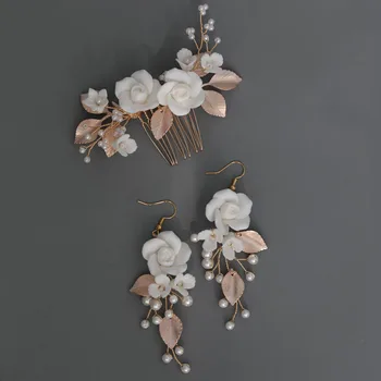 SLBRIDA Rankų darbo Ins Baroko stiliaus lydinio lapai Ceram gėlių perlai Nuotakos plaukai Šukos auskarų rinkinys Vestuvių pamergės Moteriški papuošalai