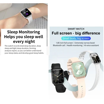 Smart Watch IP67 vandeniui atsparus viso ekrano 1,85 colio siauras rėmelis Miego stebėjimas Silikoninis dirželis Plastikinis + cinko lydinio korpusas