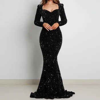 Sparkly Sequins Sexy Black Mermaid Prom Suknelės ilgomis rankovėmis Moterų vakarėliai Vakariniai chalatai Atgal Chalatas su užtrauktuku De Soiree Custom
