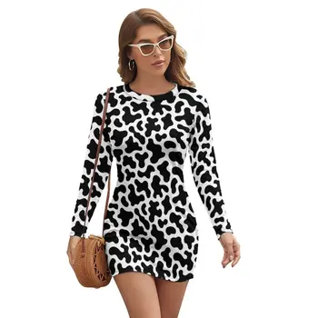 Spotted Dalmatian Bodycon Dress Ladies White And Black Cute Dresses Autumn Long Sleeve Aesthetic Design Dress Big Size 2XL