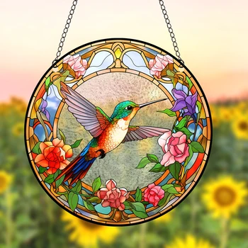 Stiklo raštas Kolibrių vitražai Kabantys spalvingi gėlių saulės spinduliai langams, paukščiai Langų pakabinimas su grandine