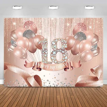 Su 18-uoju gimtadieniu Fono dekoravimas mergaitėms Rožiniai šviečiantys balionai Deimantas 18 metų Vakarėlio fono fotografijos reklamjuostė