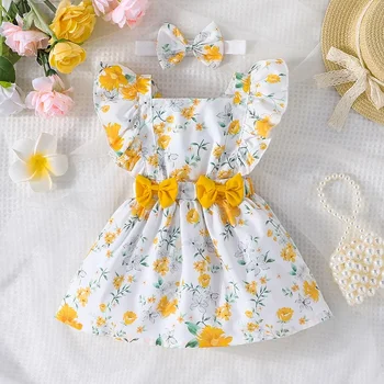 Suknelė vaikams Naujagimis 3 - 24 mėnesių gimtadienio drugelio rankovė Miela geltona gėlių princesė Oficialios suknelės Ootd Baby Girl