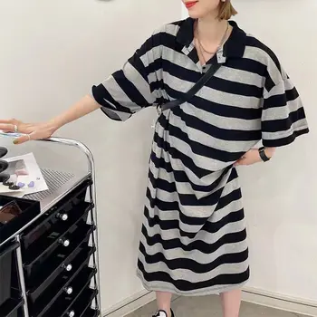 Summer New Striped Loose Shirt Dresses Polo Neck Short Sleeve Plus Size Mid Length Dress Vintage Fashion Moteriški drabužiai 2023