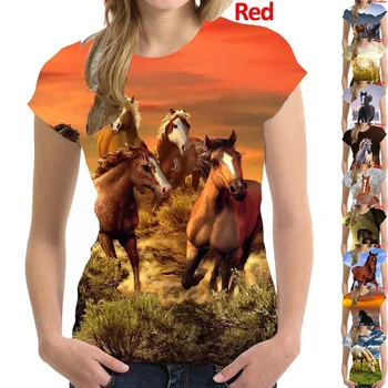 Summer Women 3D Horse Print T-shrits Short Sleeve for Creative Personalized Round Neck Tops Cute Loose T-shirt