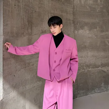 SYUHGFA Vyriški drabužiai Korėjietiškas laisvalaikio netikras dviejų dalių kostiumas V formos kaklo paltas 2024 m Spring Loose Simple Single Breasted Blazers for Male