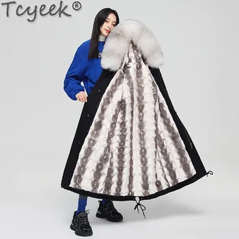 Tcyeek Fashion Mink Fur Liner nuimamas kailis Žieminė striukė Moteriški drabužiai 2023 Lapės kailio apykaklė Elegantiškos moterys Tikras kailis Parka