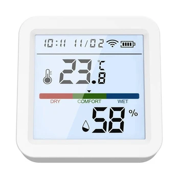 Temperatūros jutiklis Foninio apšvietimo ekranas Programos valdymas Temperatūros aliarmo jutiklis su laikrodžio funkcija namams