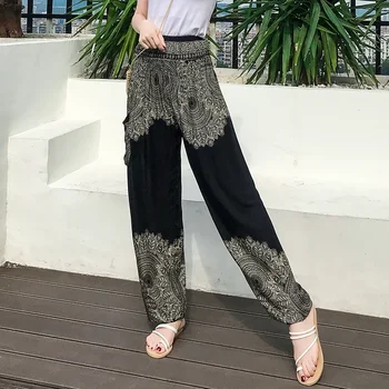 Thailand Bohemia Beach Holiday Bloomers Wide Leg Pants Women Loose Summer Cotton Silk Pants Holiday
