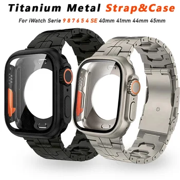 Titanium Strap+Case for Apple Watch Band 44 45mm 40 41mm Change To Ultra Steel Metal Virsmas Ultra 49mm Iwatch 9 8 7 6 5 SE