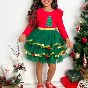 Toddler Girls Xmas Dress Kids Long Sleeve Christmas Tree Print Princess Dress Mesh Patchwork Tiulio suknelė vaikams nuo 1 iki 10 metų