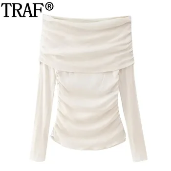 TRAF Off White Woman T-Shirts Off Shoulder Crop Top Women Ruched Red Black Blouse Female Streetwear Long Sleeve Moteriška palaidinė