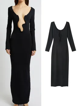 TRAF seksuali juoda suknelė Moteriškos vintažinės plonos ilgos suknelės Elegantiška mados apykaklė Moterų vakarėlio vakarinė suknelė 2023