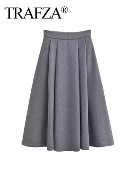 TRAFZA Rudens moterų aukštas juosmuo Plisuotos šoninės kišenės A-Line sijonas Laisvalaikio sijonas Moterų mados mišinys Atgal Užtrauktukas Midi sijonas