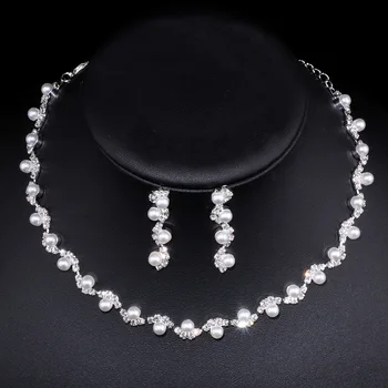 TREAZY Elegantiškas kalnų krištolo perlų vestuvinių papuošalų rinkinys moterims Sidabru dengtas paprastas vėrinys Auskarų rinkinys