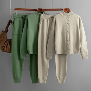 Turtleneck Matching Sets for Sweater Casual Two Piece Set for Women Knit Screw Thread New in Matching Groups Women Ppants Sets