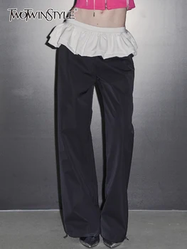 TWOTWINSTYLE Colorblock Dviejų dalių rinkiniai moterims Laisvos kelnės aukštu juosmeniu Elegantiškas mini sijonas Laisvalaikio komplektas Moteriška mada Nauja 2023