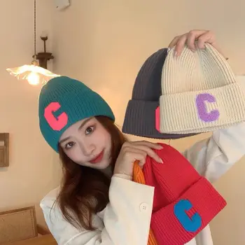 Unisex Winter Knitted Hat Big C Letter Simple Beanie Cap Korean Version Skullies Beanies Soft Hip Hop Casual Bonnet Caps