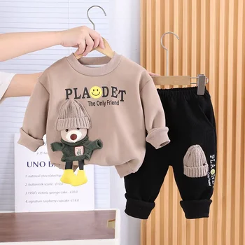 Vaikų drabužių rinkinys Rudens ir žiemos naujas berniukų kūdikis Korėjiečių leidimas Pliušinės sutirštintos megztinio kelnės Dviejų dalių komplektas