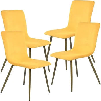 valgomojo kėdžių komplektas iš 4, medžiaginės sėdynės kėdės be rankų, virtuvės šoninė kėdė su auksinėmis metalinėmis kojomis svetainei, geltona