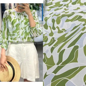Vasara Žalia ir balta ColorBlock Spausdinimas Stretch Crepe de Chine šilko audinys Gaivinantys marškiniai Suknelė Siuvimas Rankų darbo div audinys