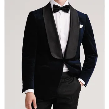 Velvet Men' S Suit 2 Pieces Blazer Black Pants One Button Tuxedo Sheer Satin Lapel Fashion Business Modern Wedding Groom kostiumas