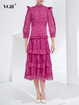 VGH Solid Patchwork Ruffles Elegantiškos suknelės moterims Stovo apykaklė ilgomis rankovėmis Aukštas juosmuo Minimalistinė lieknėjimo suknelė Moteris Nauja