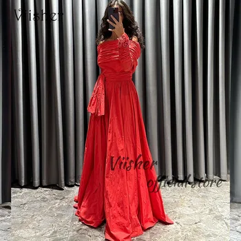 Viisher Red Taffeta A Line Vakarinės suknelės Valties kaklas Saudo Arabija Oficiali suknelė Ilgi Dubajaus prom vakarėlio chalatai pritaikyti