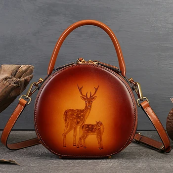 Vintage Cowhide natūralios odos apvali rankinė moterims Fashion Animal Pyrography Shoulder Bag Lady Versatile Messenger Bag M959