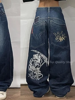Vintažinės džinsinės kelnės aukštu juosmeniu Korėjietiška mada Y2K Hip Hop Street Big Pocket Classic Death Print Baggy Jeans Vyriškos plačios kojos Kelnės