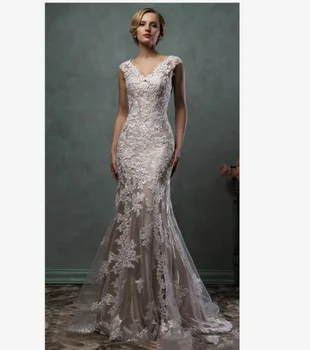 Vintažinės nėrinių aplikacijos Undinės vestuvinės suknelės V-Neck Plus Size Bridal Beach Party Gowns Vestidos para mujer elegantes y bonito