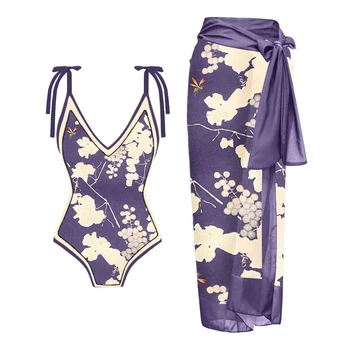 Violetinė vynuogių spauda Vientisas maudymosi kostiumėlis V-Neck Sling Bikini Sexy Slim Halter 2023 Fashion Irregular Straps Cover Up Beach Wear
