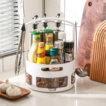 Virtuvės organizatorius 360° sukimosi prieskonių lentyna su rankena ir stalčiumi Virtuvės prieskonių butelių laikymo stovas 